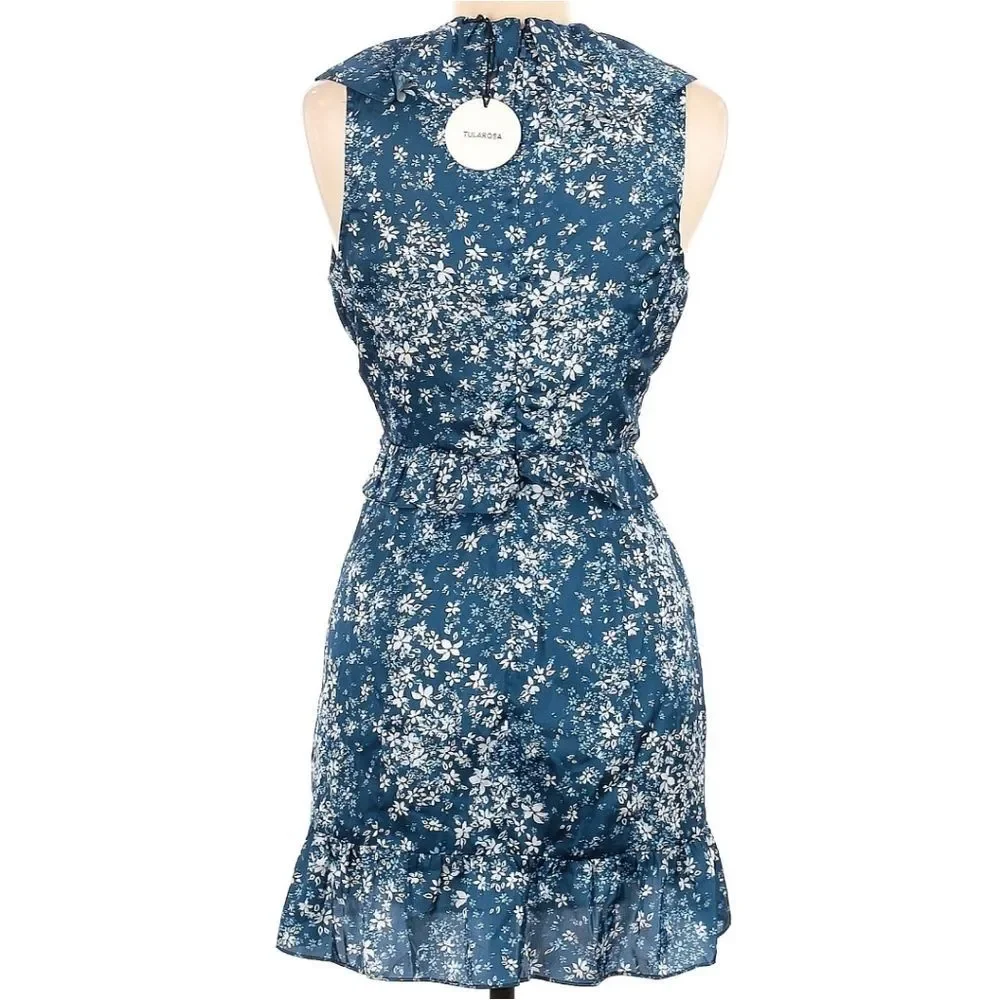 TULAROSA NWT Tanya Satin Blue Floral Cut-Out Ruffle Dress with Tie‎ front Medium